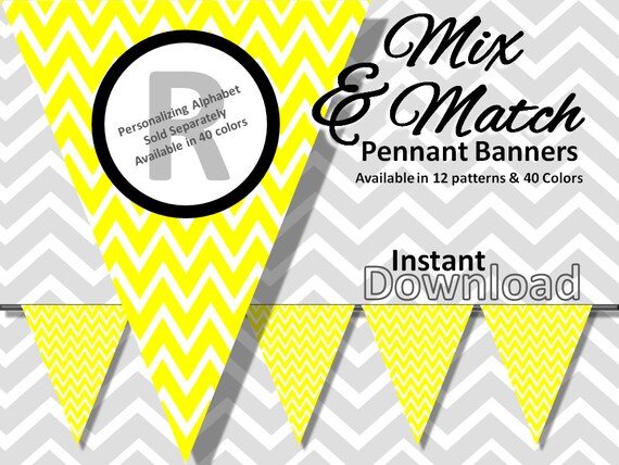Yellow Chevron Bunting Pennant Banner Instant Download - Mix & Match Banners:12 patterns / 40 colors - DIY Printable Party Decorations Il_570xn