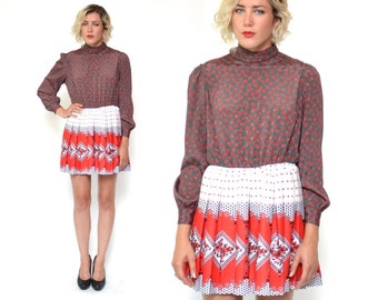 Vintage UPCYCLED mixed pattern dress // ooak GYPSY red pleated skirt dress // whimsical gray long sleeve