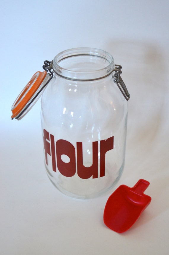 Vintage Glass Airtight Flour Jar/ Canister with Red Type
