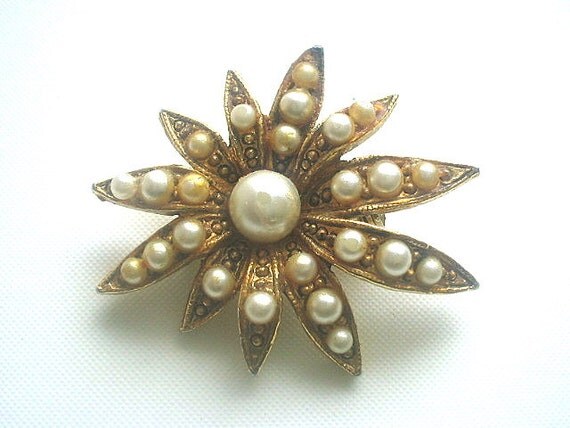 Vintage Faux Pearl Seed Pearl Brooch Sunburst by TheGatsbyGals