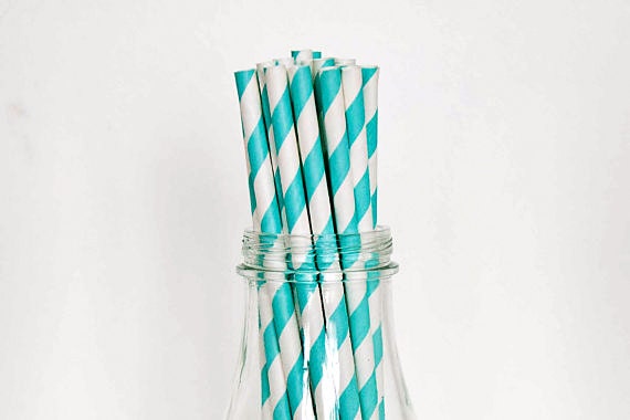 50 Teal Paper Straws Stripe Retro Vintage Style Carnival Circus Wedding Birthday Bridal Baby Shower W/ Printable Flags Il_570xn