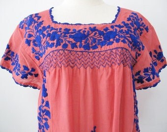 Mexican Embroidered Blouse Open Sleeve Cotton Top In Red