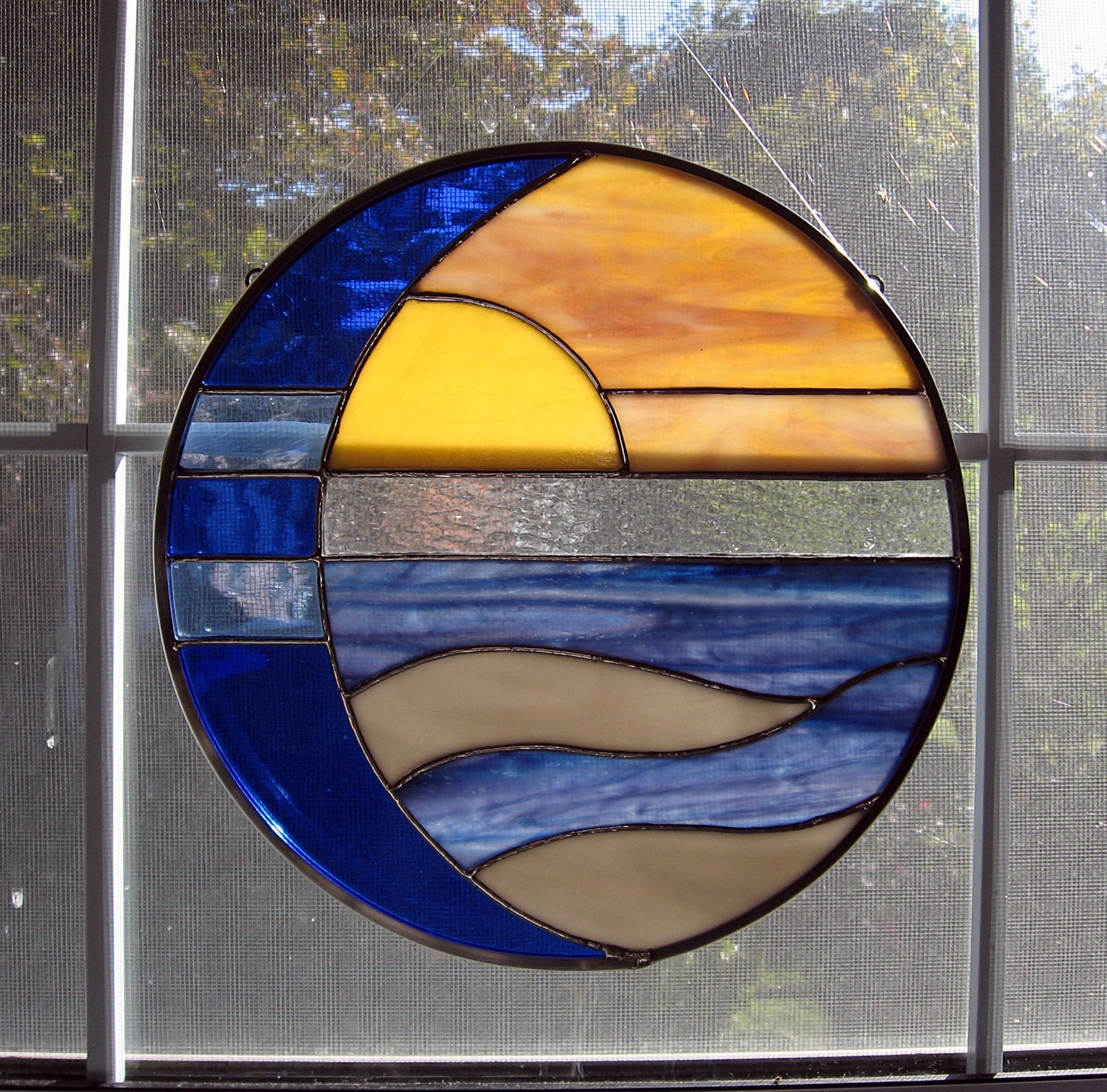 Moon and Sun Over Water Round Stained Glass Panel