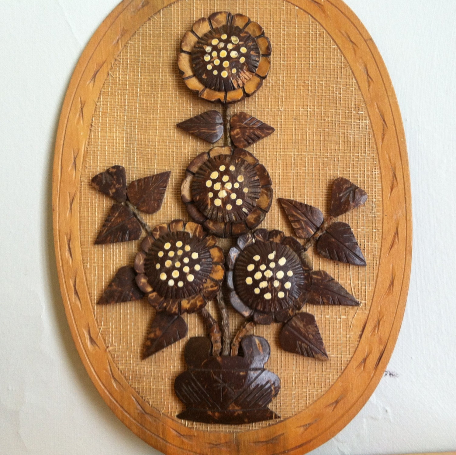Carved Wood Flower Plaque Woven Reed Vintage Wall by AtomRouge