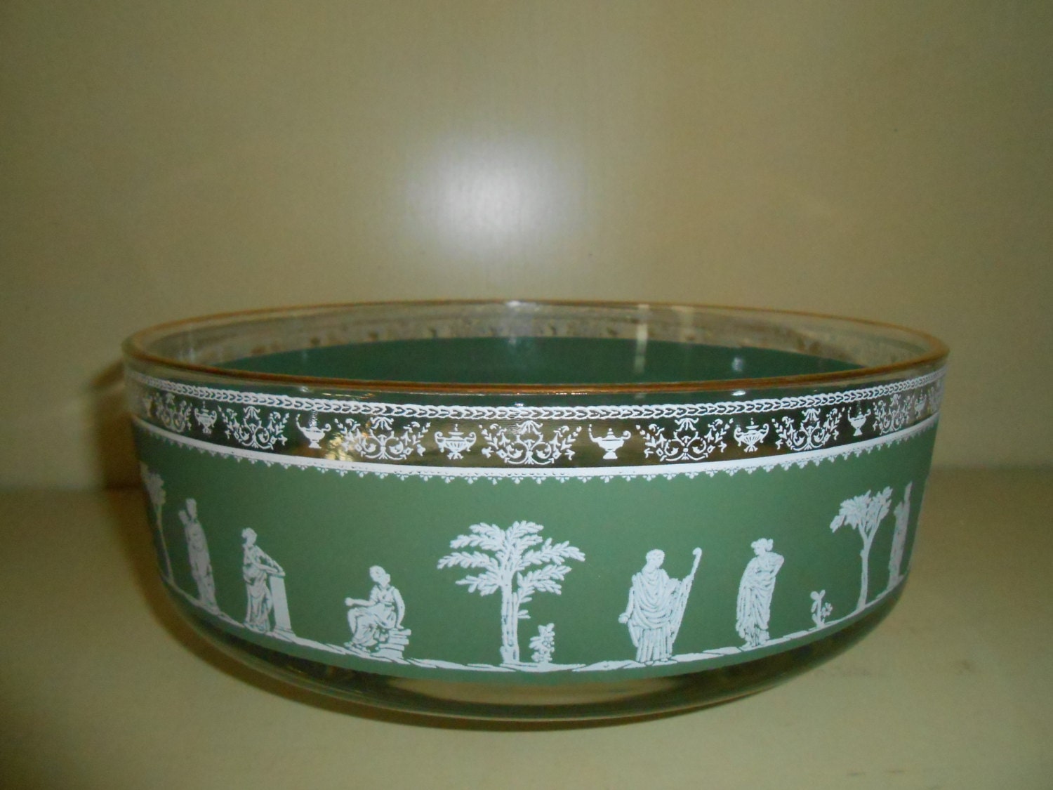Vintage Glass Bowl Wedgewood Style Hellenic Green and White