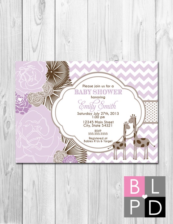 Little Giraffe Baby Shower Invitation - Brown and Purple Big Blooms and Chevron Stripes - DIY - Printable Il_570xn