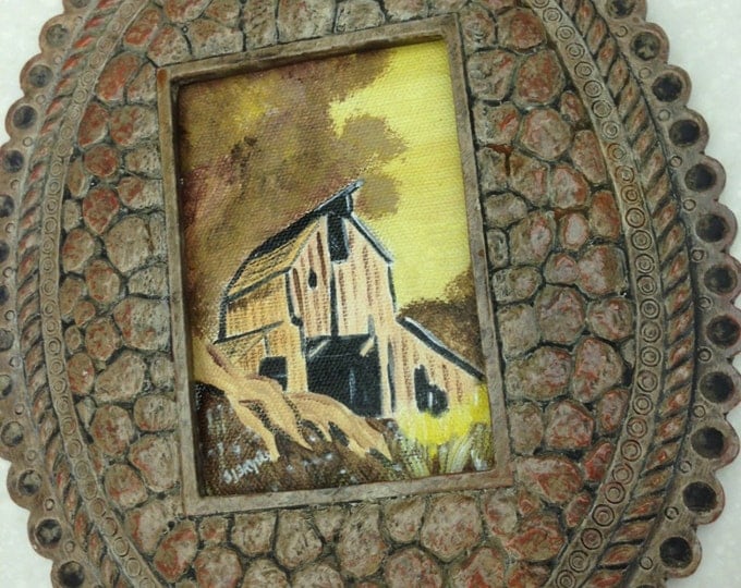 Acrylic Barn Painting in Oval Resin Frame