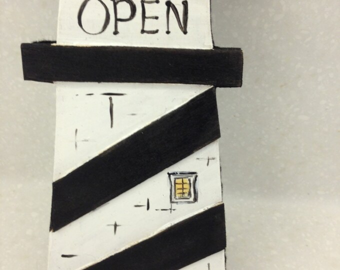 Wooden Lighthouse Sign, 8" x 4", with Ribbon Hanger. Choose "OPEN" or "IN"