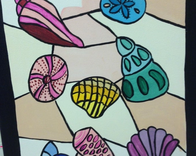 Mosaic Shells - 11 x 14 Acrylic Painting on Canvas - Finished on all 4 sides to look like Black Frame
