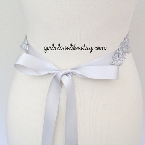 Silver Leaf Lace Satin Ribbon Sash Bridal Silver by girlslovelike