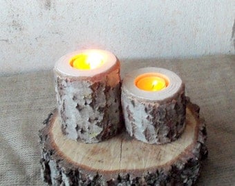 2 Wood Candle Holders - Table Centerpiece - Wood Log Holders - White Tree Candle Holders - Wedding Decoration - Home Decoration