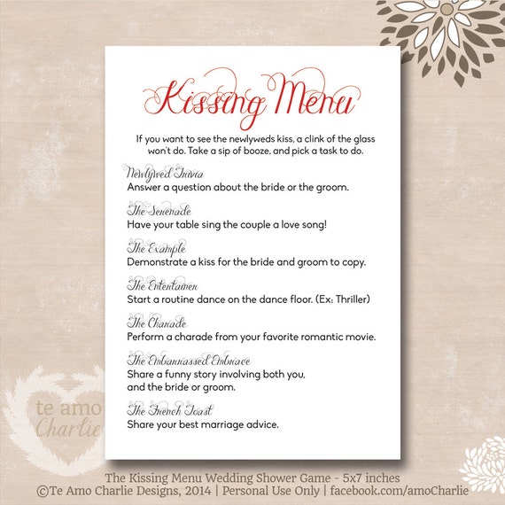 The Kissing Menu Wedding Game - Fun Wedding Game Printable