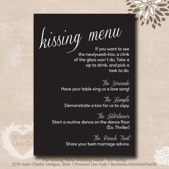 The Kissing Menu Wedding Game Wedding Game by PalmBeachPrints