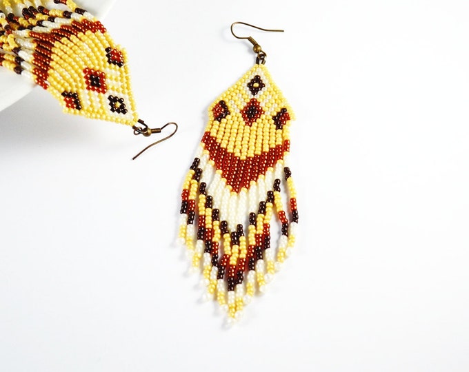 Beaded Earrings Native American Style Long Dangle Earrings Long Earrings With Fringe Fringe Dangle gift for her valentine Beige Earrings