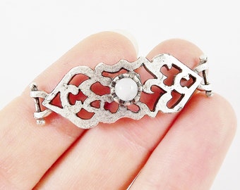 White Jade Stone Curved Fretwork Bracelet Focal Connector - Silver Plated - 1PC - SP135