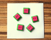 Five very cute small buttons: green with pink, made of polymer clay