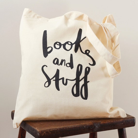 Books and Stuff tote bag - screen printed canvas tote shopping bag - shoulder bag - beach tote - canvas tote bag