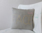 FACE pillow, linen pillow, natural pillow, yellow grey pillow, ecofriendly pillow, hand embroidery pillow, gray pillow, HELLO pillow