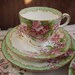 1 vintage delphine 'orchard' bone china green and pink, tea cup trio. elegant art deco, serving, home decor, housewares,