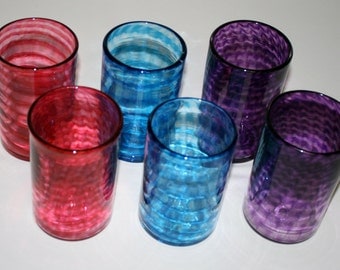 Set of Six: Spiral Glasses, Aqua Blue, Hot PINK & PURPLE, Hand Blown Tumblers, Hand Blown Drinking Glasses, Glassware, Blown Glass