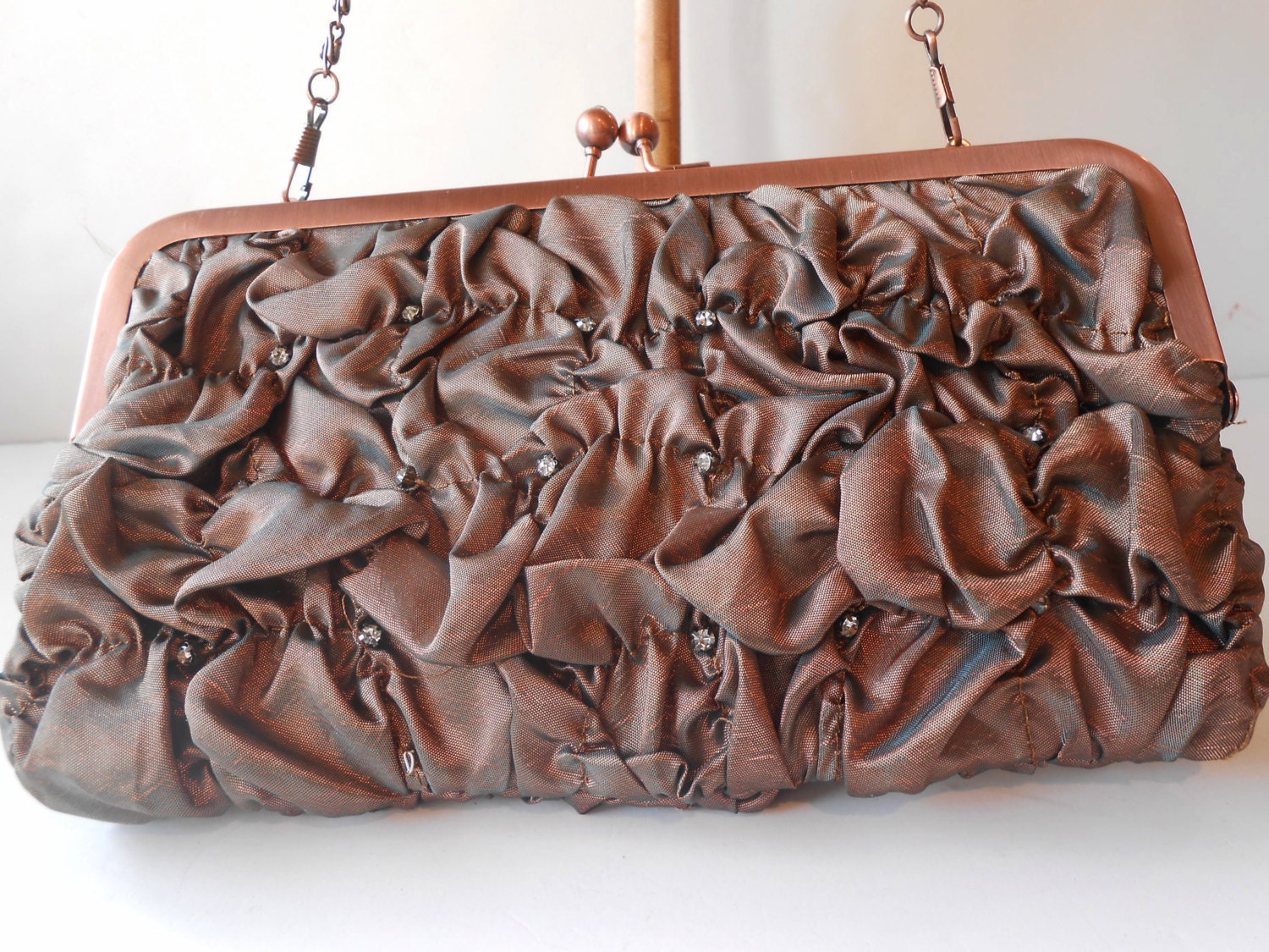 Copper Evening Bag with Rhinestones Vintage Clutch Handbag