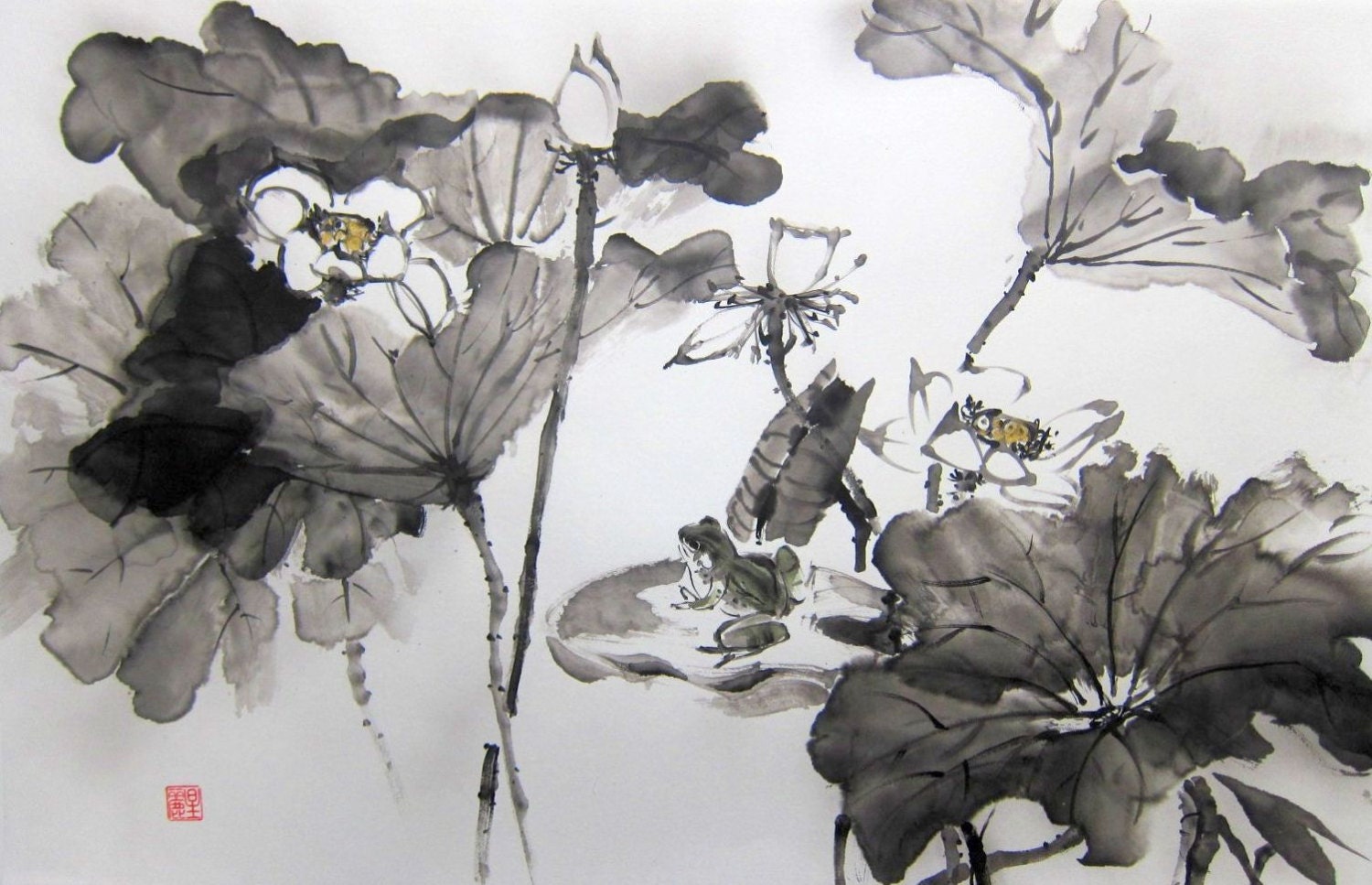 Lotus and frog Japanese Ink Painting Rice Paper painting