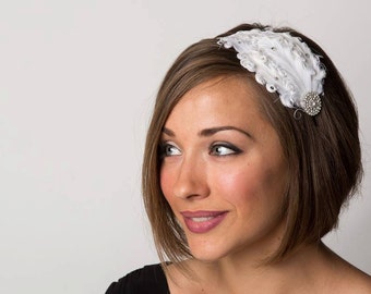 Dove - White Headband - Flapper Girl Headband - Bridal Headband - Bridesmaid Headpiece - Crystal Headband - Christmas Headband - Headband