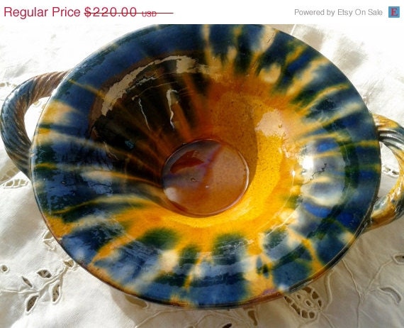 ON SALE Rare Antique 1900's Orche Pottery - Yellow - Peacock Blue - French Fruit Bowl - Handmade - Provence Vallauris Ceramic Dish - Handpai