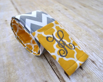 Monogrammed camera strap cover (gray chevron/mustard quatrefoil)