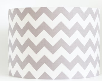 Lampshade in chevron grey & white fabric, zig zag, hand made drum lampshade