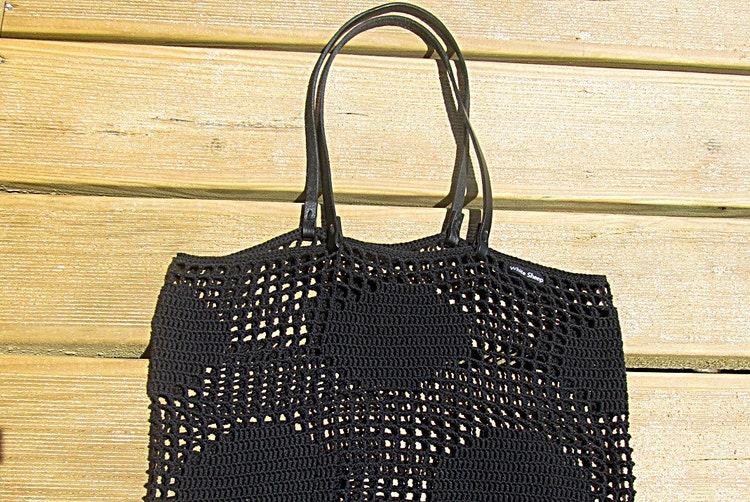 BLACK Polka Dots TOTE BAG // Crochet Tote Bag by