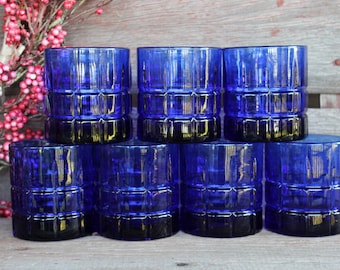 4 Retro Cobalt blue Old fashioned tumblers, Tartan-Cobalt Anchor Hocking crystal, retro bar cart glasses, whiskey glasses, man cave glasses