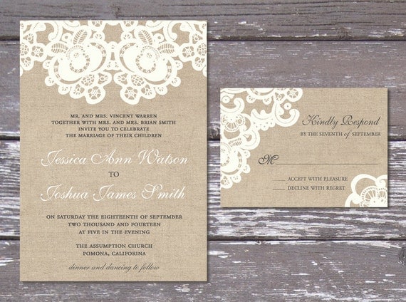 Burlap Lace Rustic Wedding Invitation Suite Printable DIY