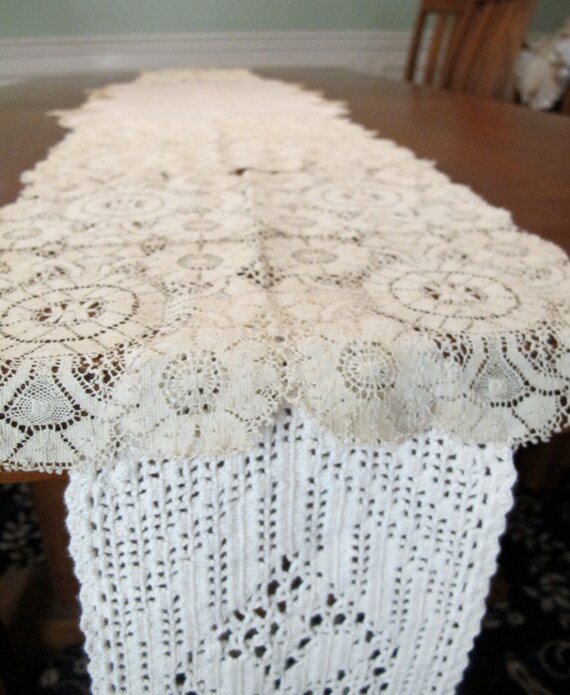 Vintage doilies lace and linen table runner for weddings