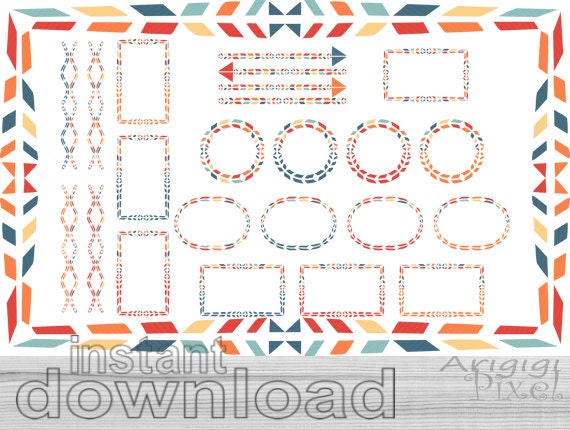 tribal digital paper, frame clip art set, circle, oval, rectangular, blue, red, orange, digital paper pack, commercial use digital elements Il_570xn