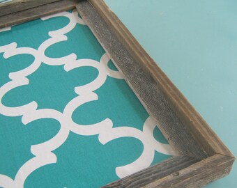 Driftwood Framed Magnetic Board Turquoise Quatrefoil Print Rustic Pin Board Moroccan Cork Board Office Kitchen Memo Board