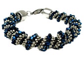 Beaded spiral bracelet. Beadwork bracelet in metallic indigo and silver with Swarovski elements. Barcelonaibizacolors