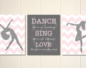 Dance art, girls wall art, dance like no one's watching, girls room art, teen girl art, dancer silhouette, girls art, Set of 3 posters