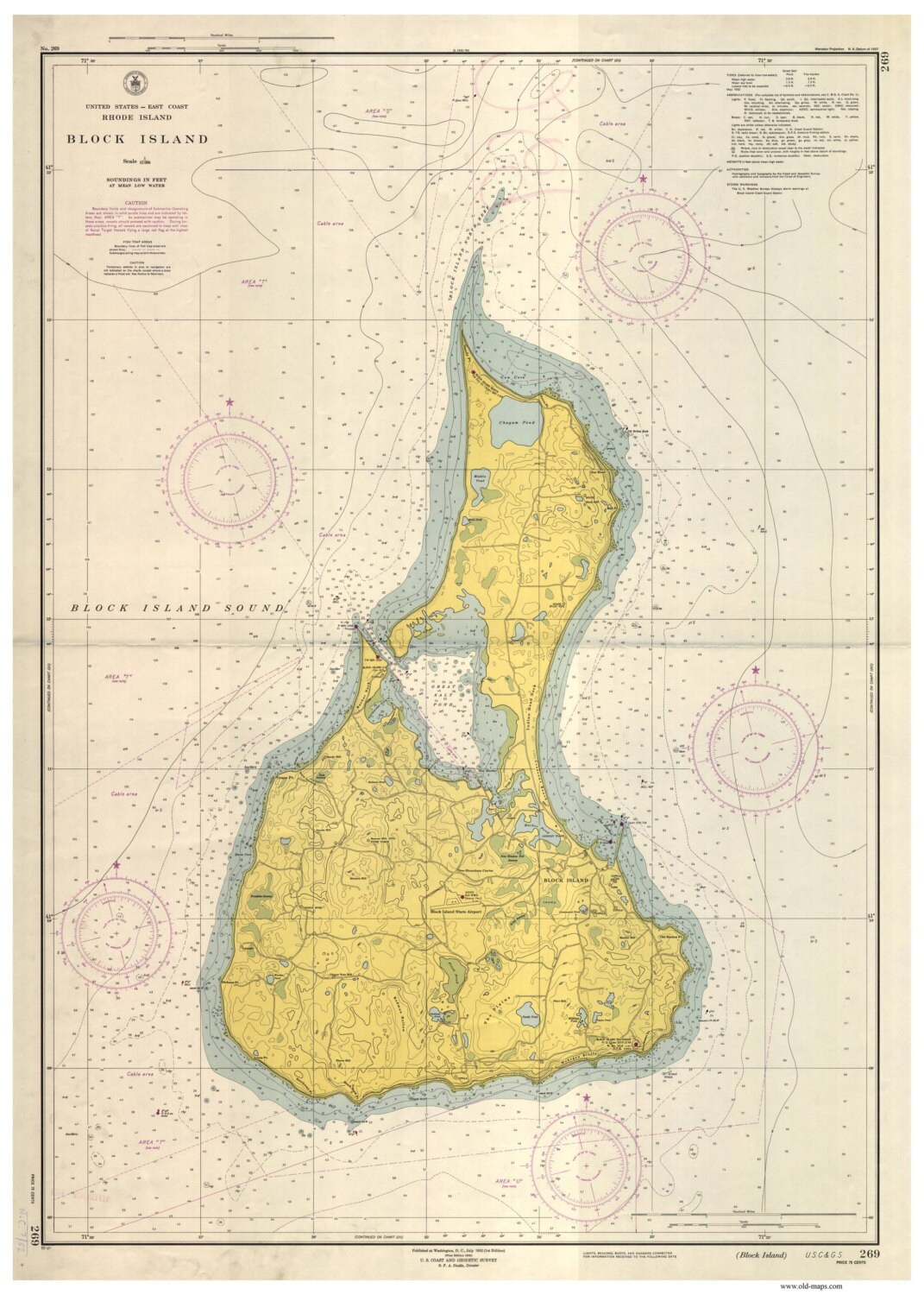 Block Island 1952b Nautical Map by the USCGS Reprint by Oldmap
