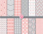 12 love digital paper pack, wedding digital paper,valentine's,Pink and grey digital paper, chevron, polka dot,heart hand drawn Dp061 Il_170x135
