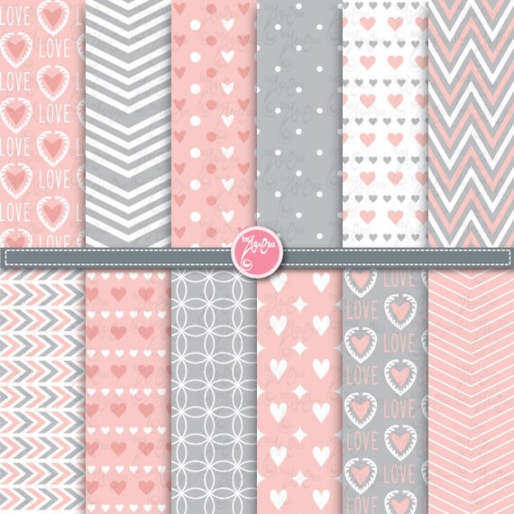 12 love digital paper pack, wedding digital paper,valentine's,Pink and grey digital paper, chevron, polka dot,heart hand drawn Dp061 Il_570xn