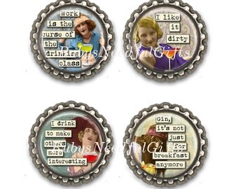 Alcohol Divas Bottle Cap Magnets, Bottlecap magnets, Set of 4.