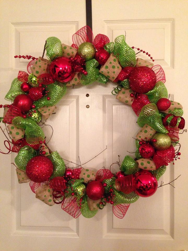 Burlap, Red & Green Christmas Wreath, Natural Grapevine Wreath, Holiday Wreath, Ornament Wreath