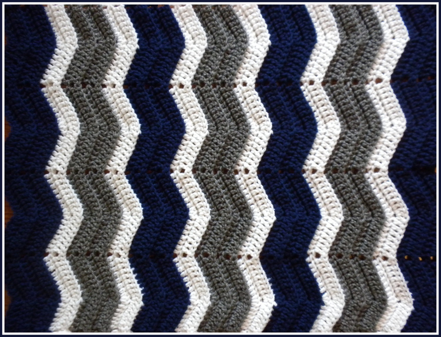 Handmade Crochet Navy Blue Gray/Silver and White Baby Blanket