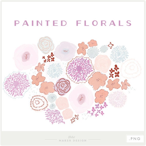 Painted Flowers PNG Files Digital Clip Art Watercolor