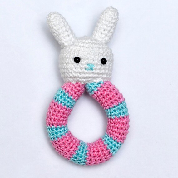 Crochet Baby Bunny Rattle Natural Cotton Handemade white