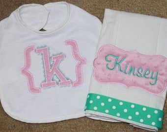 Baby Girl Monogrammed Burp Cloth and Bib Gift Set - Baby Girl Monogrammed Bib - Personalized Burp cloth - Personalized Baby Gift