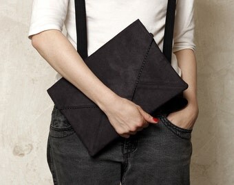 Clutch bag envelope black vegan bag faux synthetic suede imitation purse handbag strap pocket zipped wedding bridesmaid bridal evening gift