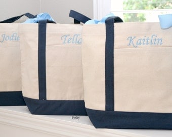 Set of 6 Personalized Wedding Bridesmaids Totes Gifts in Navy
