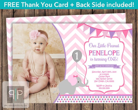 Elephant Birthday Invitation, Little Peanut, Girl First Birthday, Free Thank You Card, Front and Back, Chevron, Printable Invitation Il_570xn
